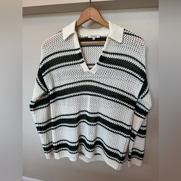 Madewell Open-Stitch Johnny Collar Sweater In Summit Green Stripe Size Small - Picture 3 of 10